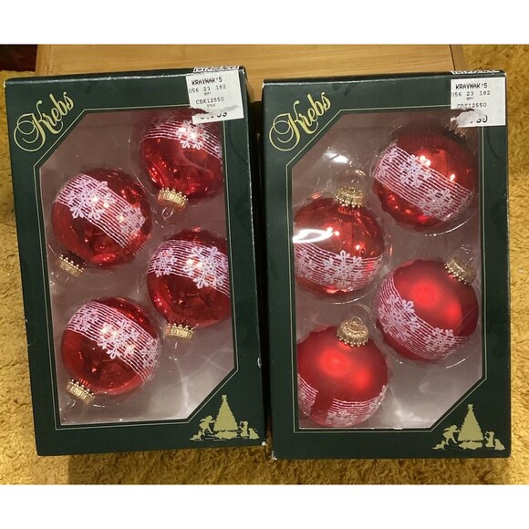 Krebs Glass Christmas Ornaments Brilliant Red Shine Balls With Blowing Snow X8 - Picture 2 of 7